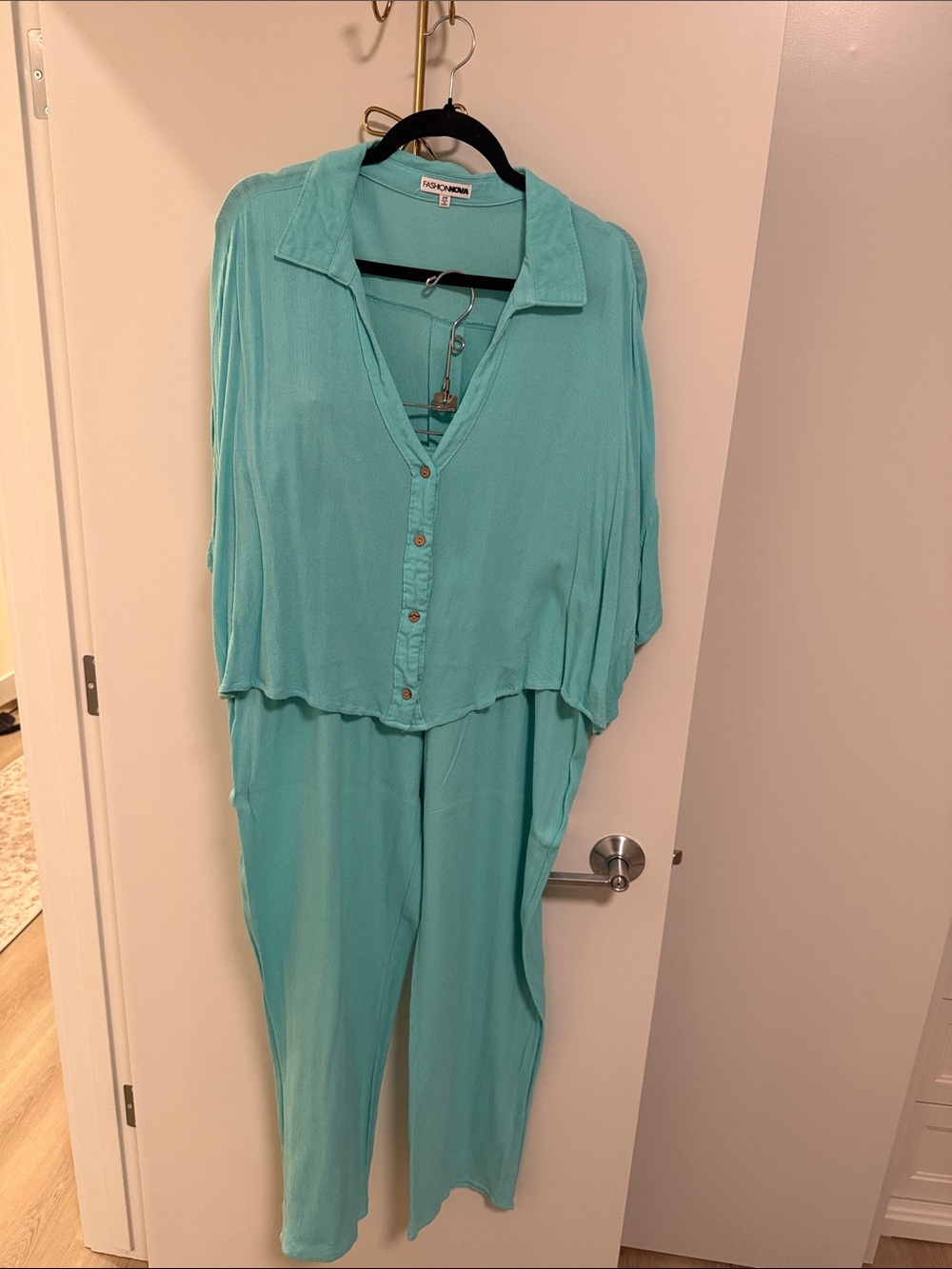 Fashion Nova Aqua Jumpsuit with Button Front Top and Wide Leg Pant